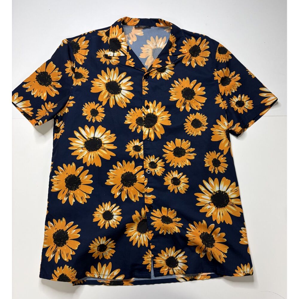 Shein Sunflower Navy Button Up Shirt Men's XL